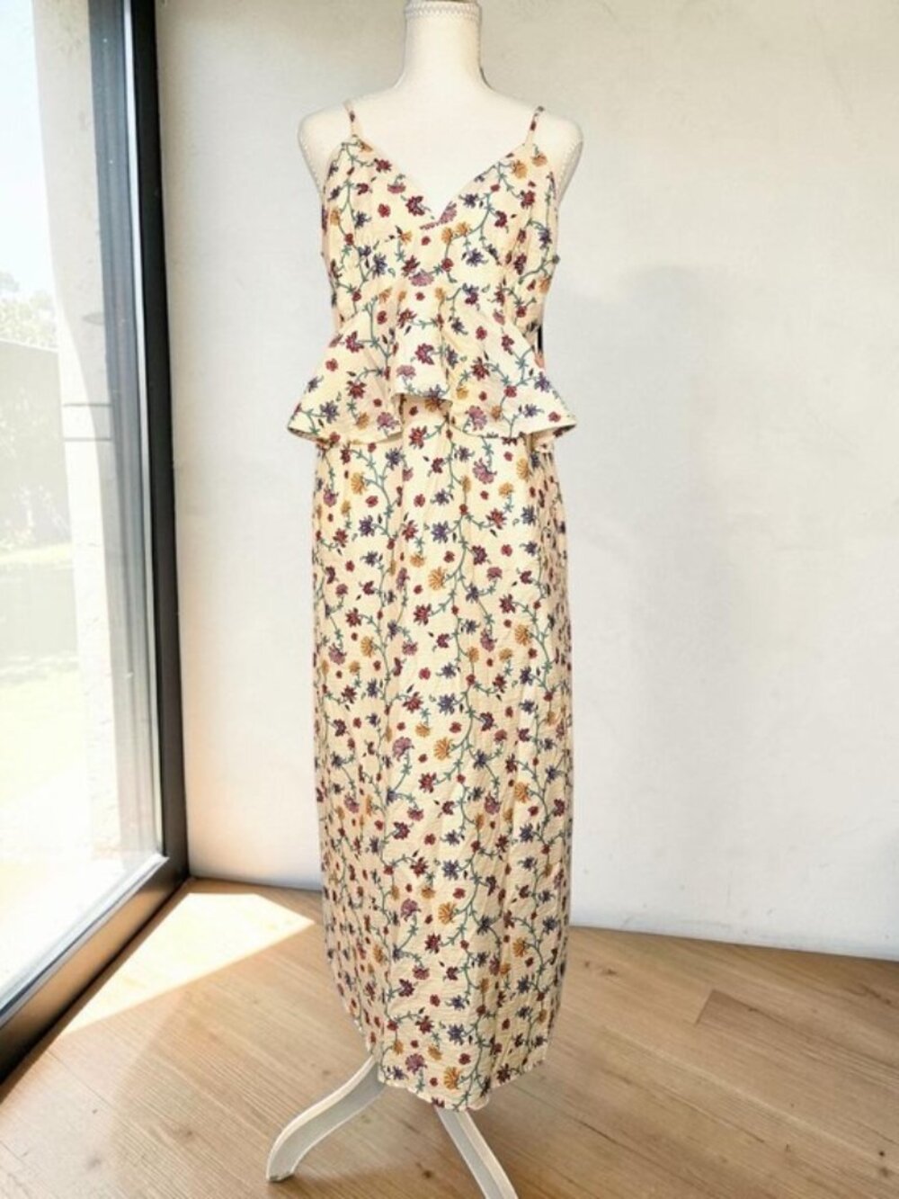 Floral Cream Spaghetti-Strap Peplum Maxi Dress NWT 14